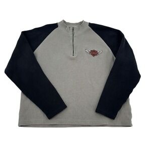 Harley-Davidson Mens Large Grey Black Ribbed 1/4 Zip Pullover Sweater Logo Bike